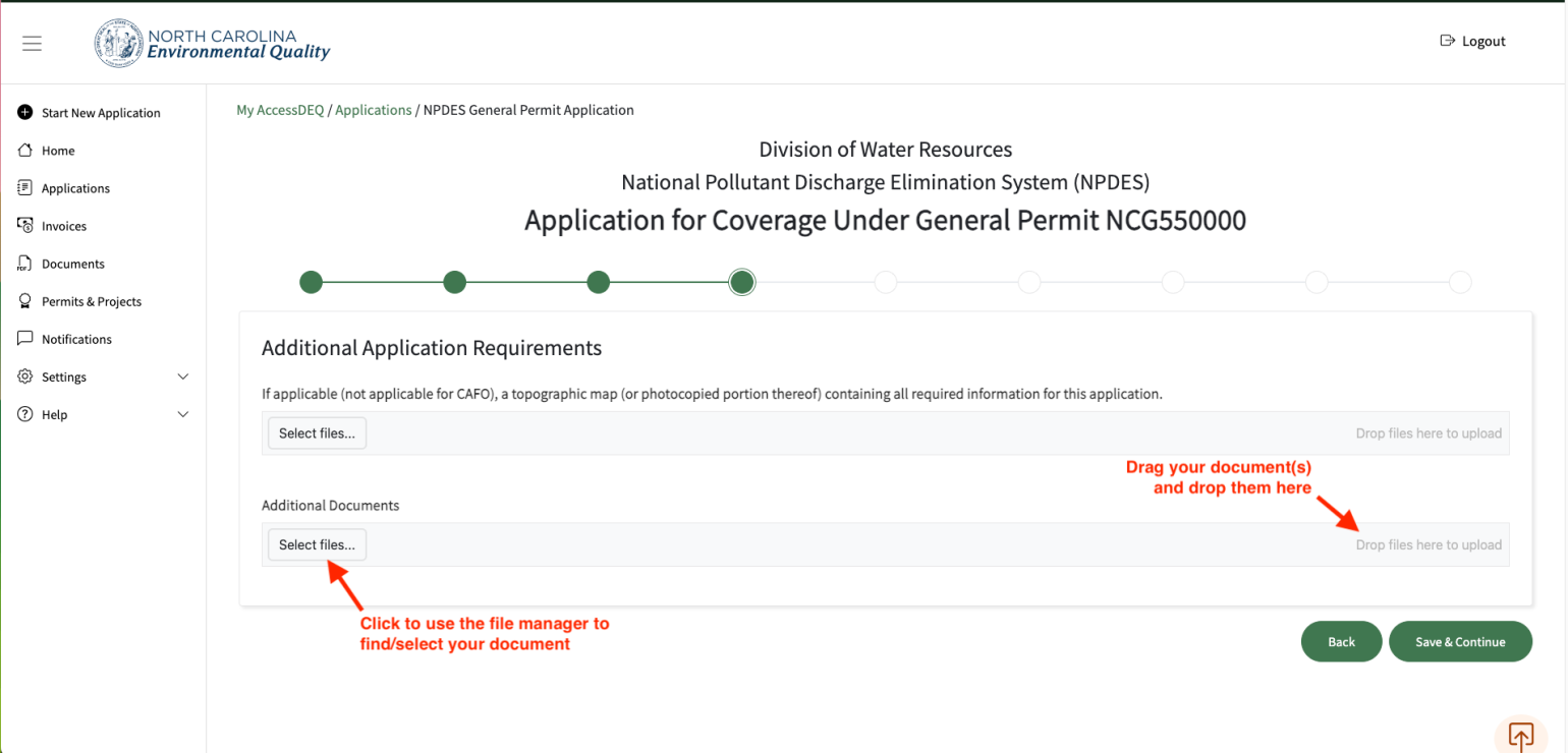 A screenshot of where to select a file in the AccessDEQ document upload page and where to drop and drag files