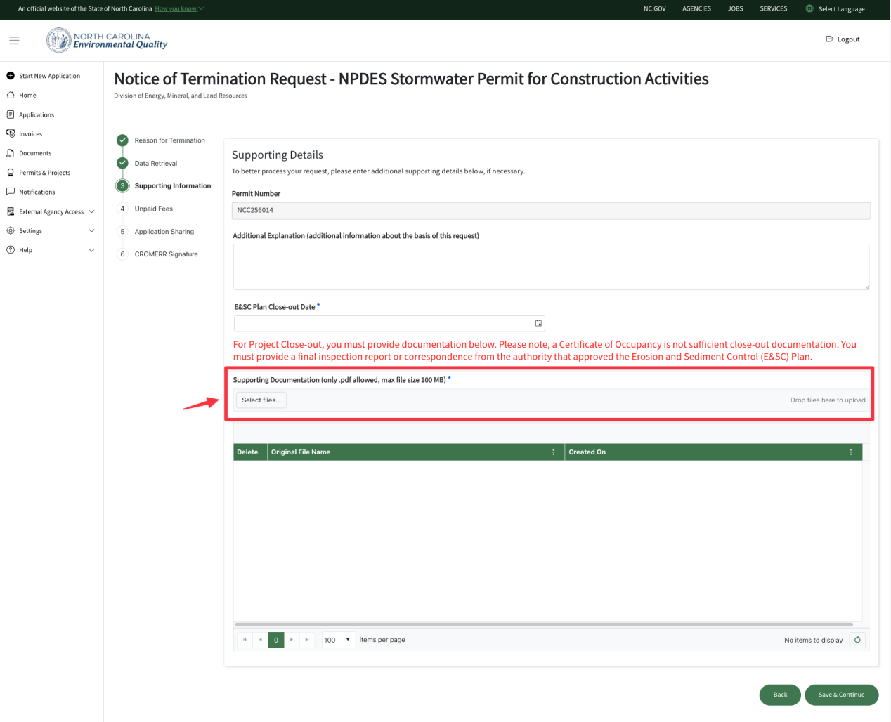 A screenshot of where to upload supporting documentation to go along with the Termination request