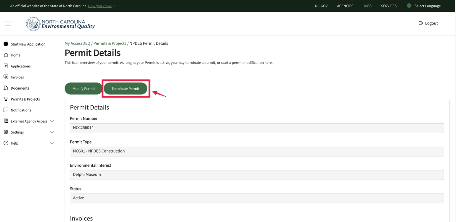 A screenshot of the Terminate permit button