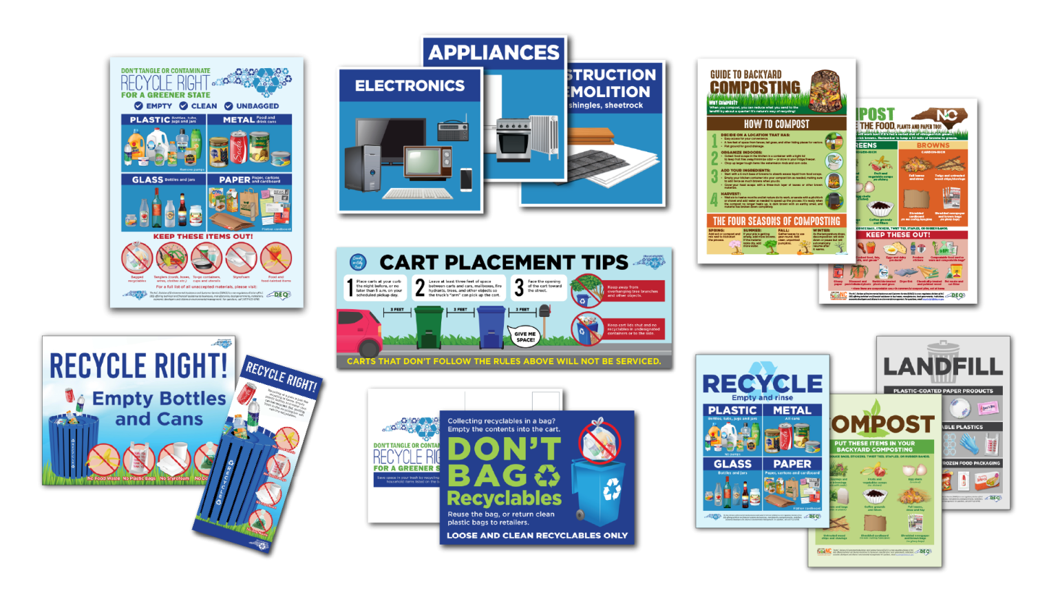 Samples of DEACS free outreach designs for recycling and composting education.