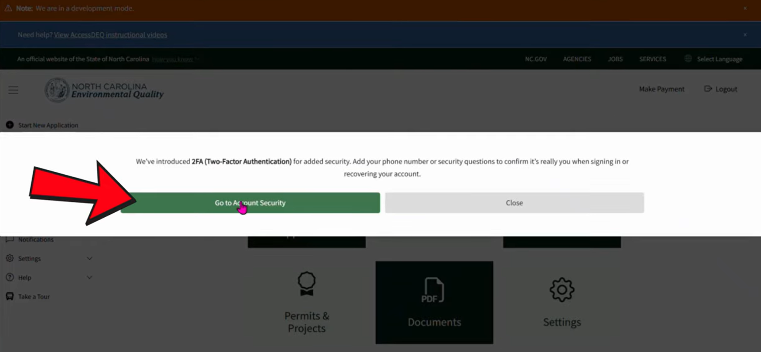 A screenshot of what users will see when logging on to AccessDEQ to set up two-factor authentication 