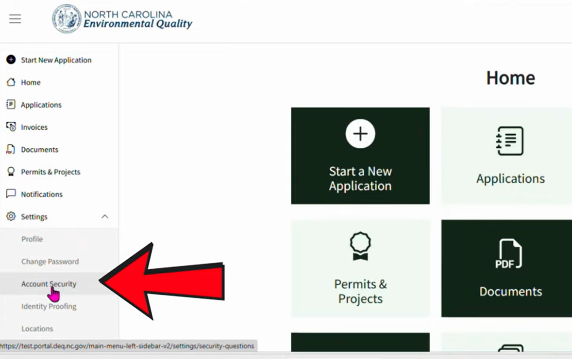 A screenshot of where to find account security on the left-hand navigation menu in the AccessDEQ Portal