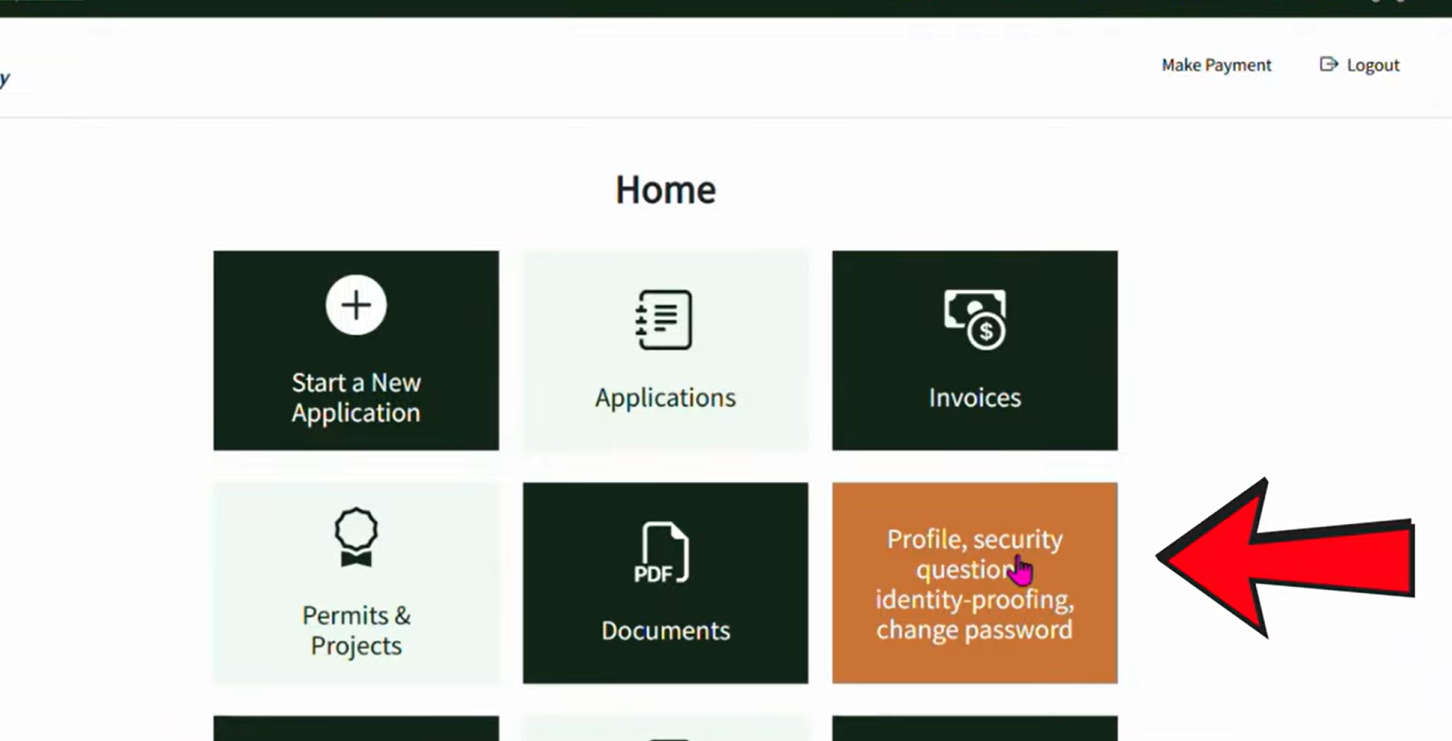A screenshot of where to find account security under the settings tab on the home screen of the AccessDEQ Portal