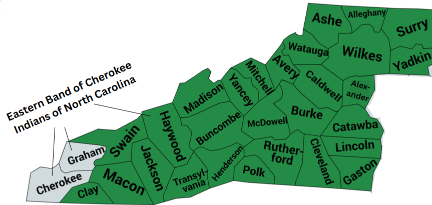 NC map highlighting counties that FEMA is helping