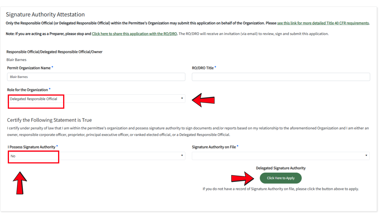 A screenshot of the Signature authority Attestation page and where to select your role in the organization