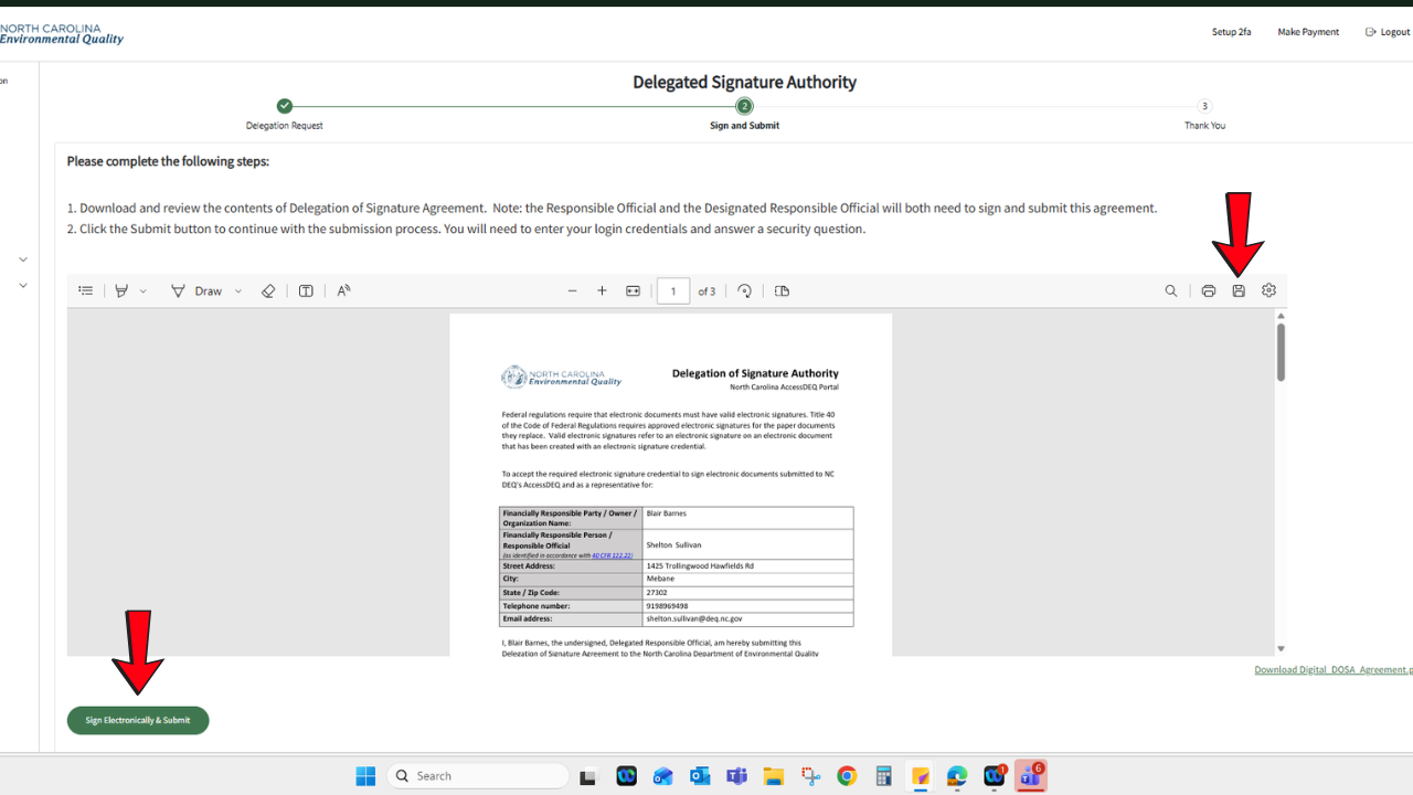 A screenshot of generated Digital DOSA agreement showing where to download a copy and sign electronically