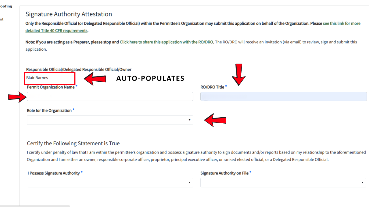 A screen shot of where to fill out the information required for the DOSA request