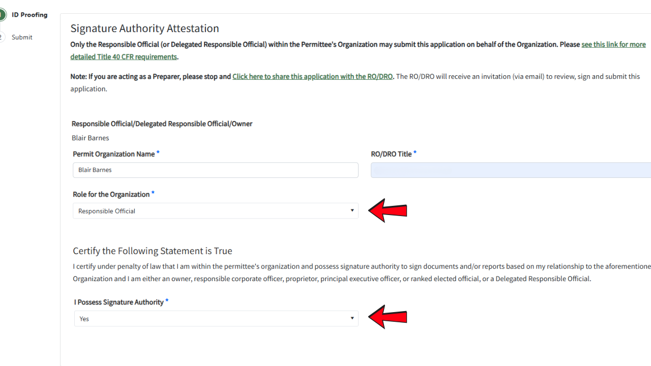 A screenshot of where to fill out your role for the organization and where to select your answer to the statement