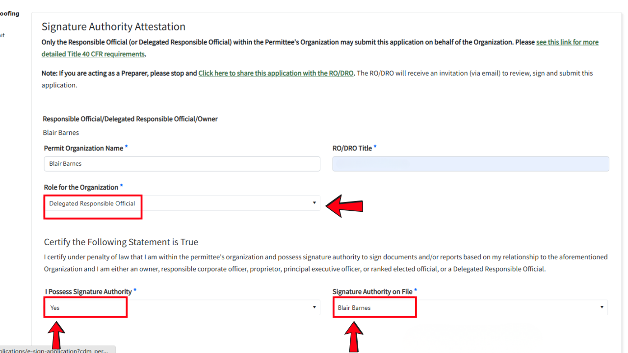 a screenshot of where to select your role for the organization, where to find the statement and where to find the signature authority on file if one is available for you