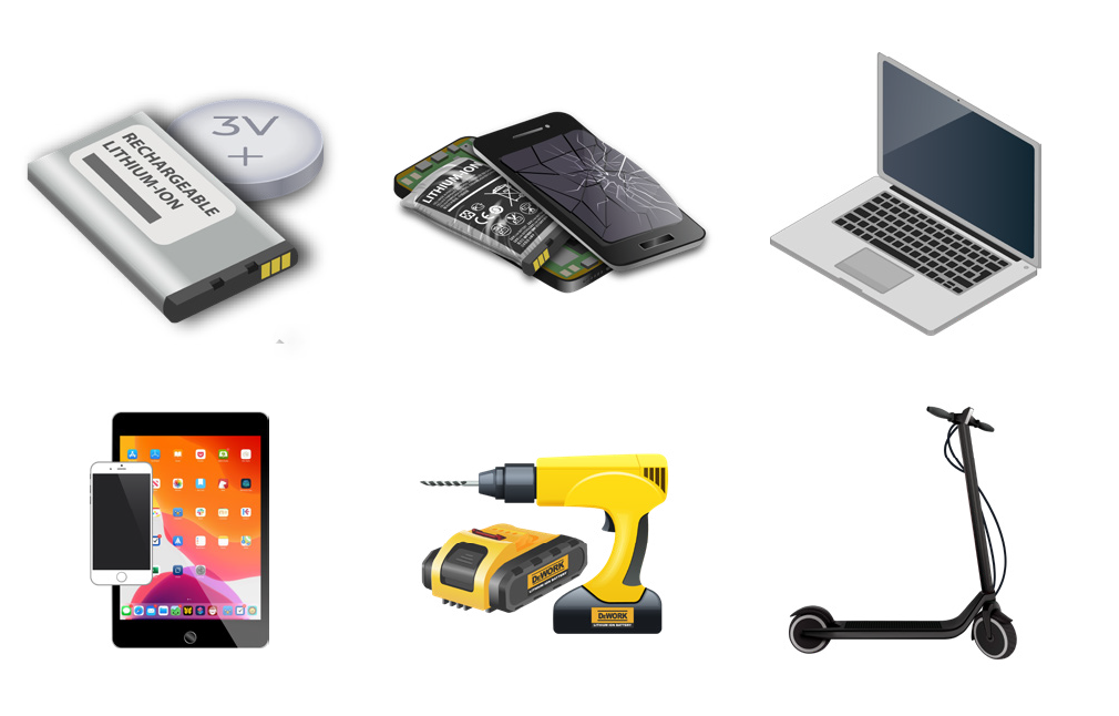 Images of household items containing lithium-ion batteries, including cell phone, laptop, tablet, power tool, and e-scooter.