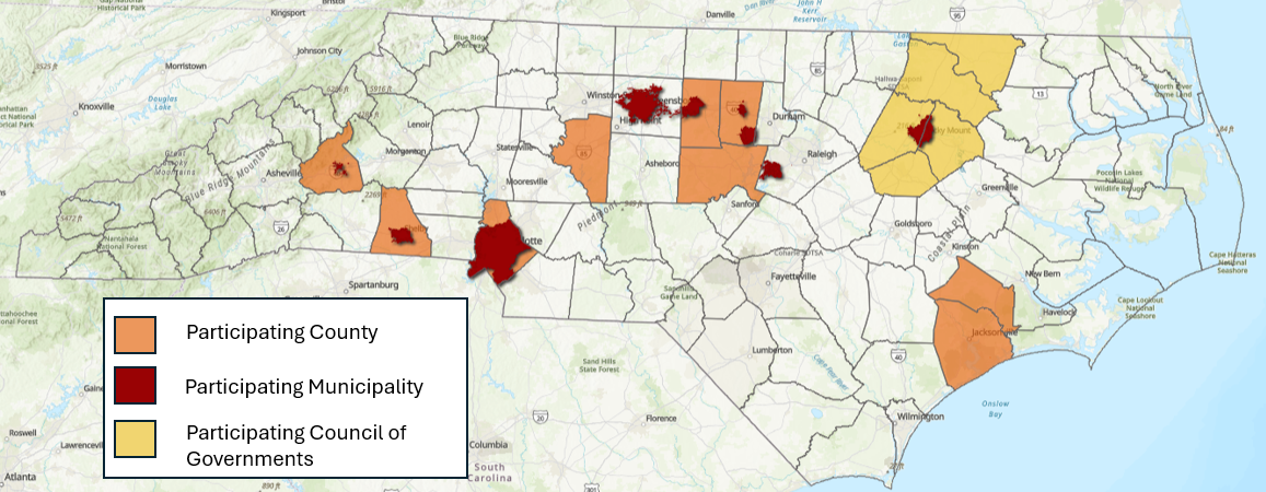 Map of North Carolina indicating participating communities in the Planning for Extreme Heat Cohort Program