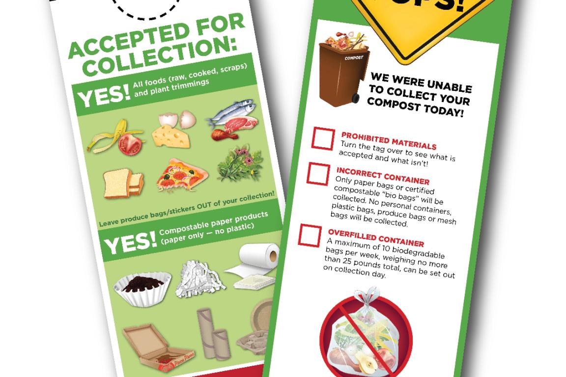 Composting tag showing what is accepted and why cart wasn't emptied