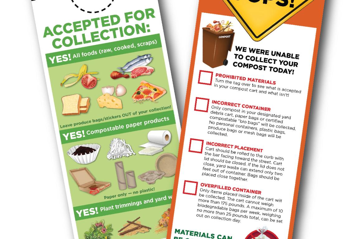 Composting and yard waste tag showing what's accepted and why cart wasn't emptied