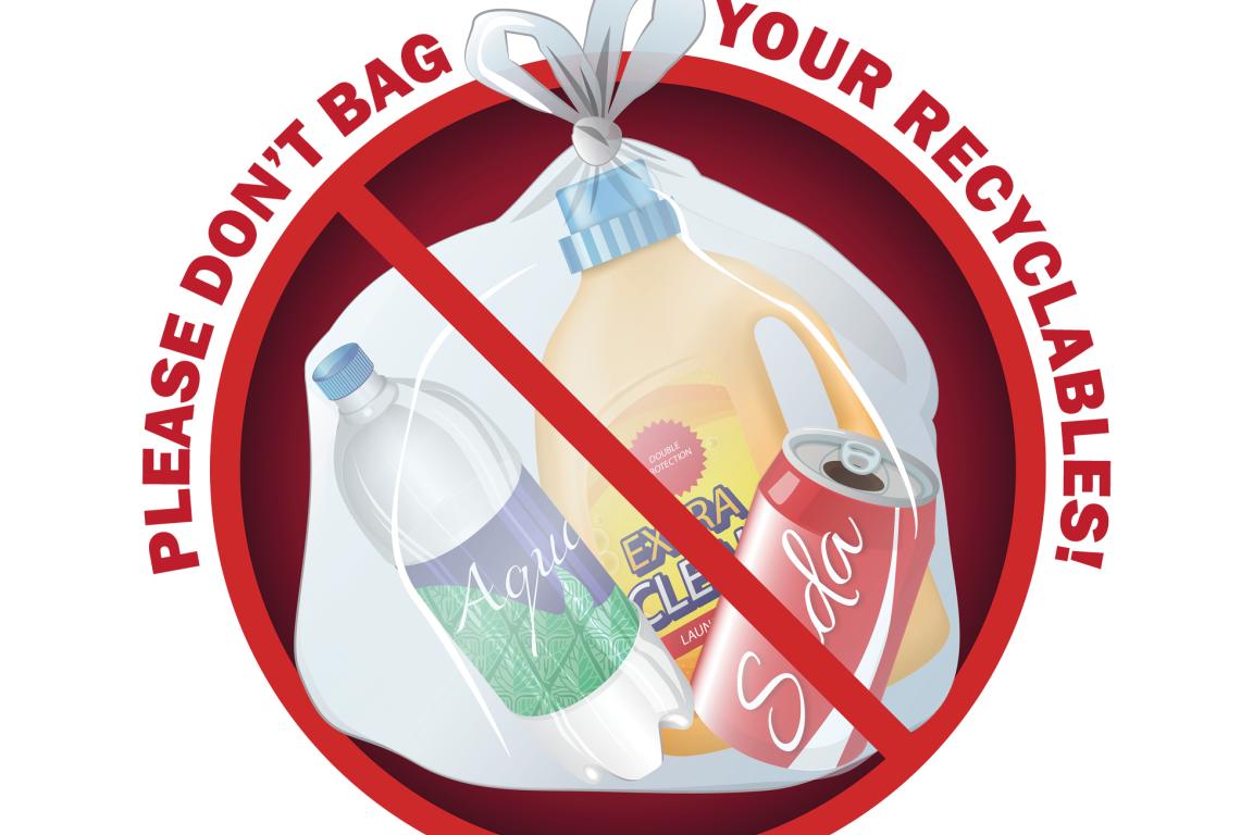 Bagged recyclables with a red line through it 