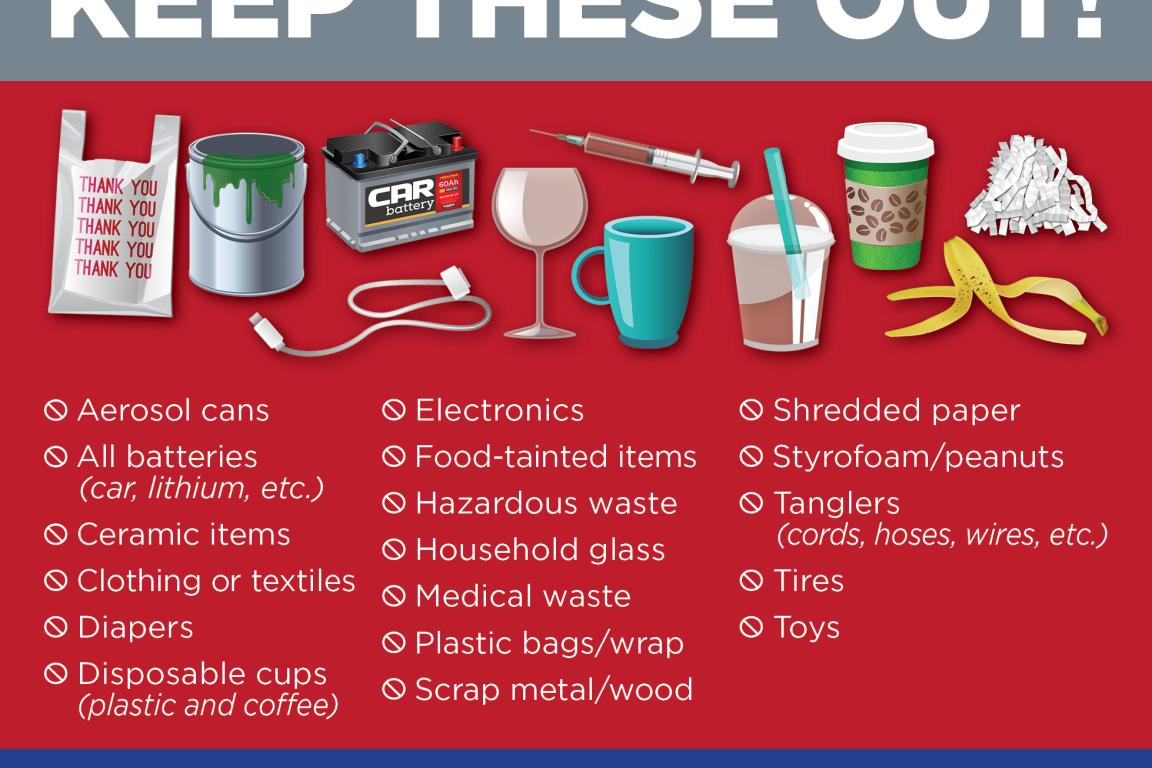 Things that should be kept out of recycling: batteries, plastic bags, and food 