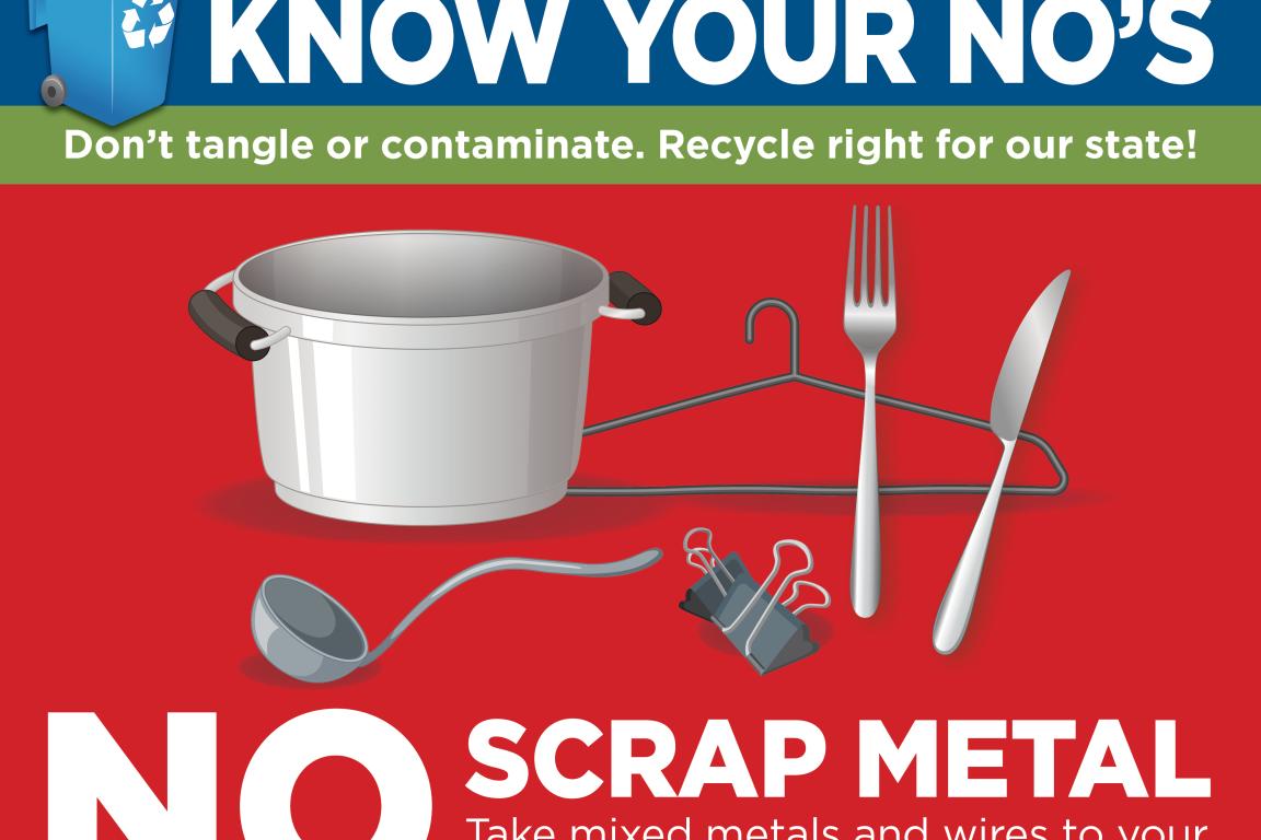 Examples of scrap metal: pot, utensils, hanger, and paperclip