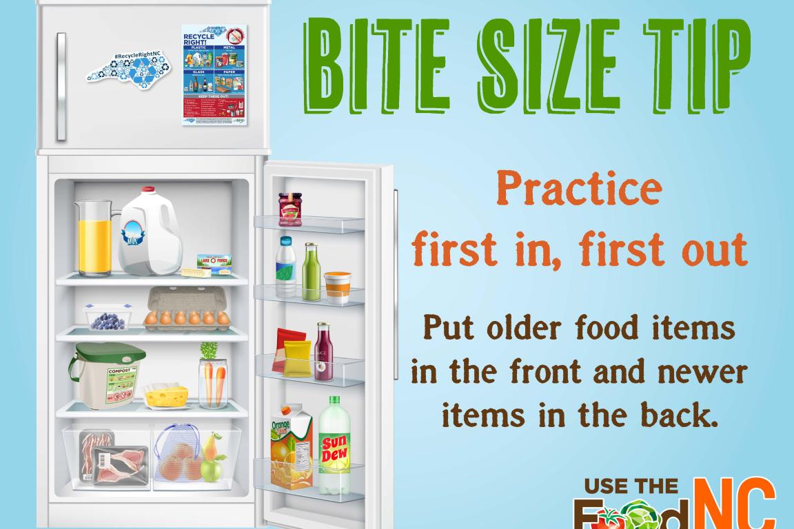 An open refrigerator with text encouraging that older food items go in the front and newer items in the back.