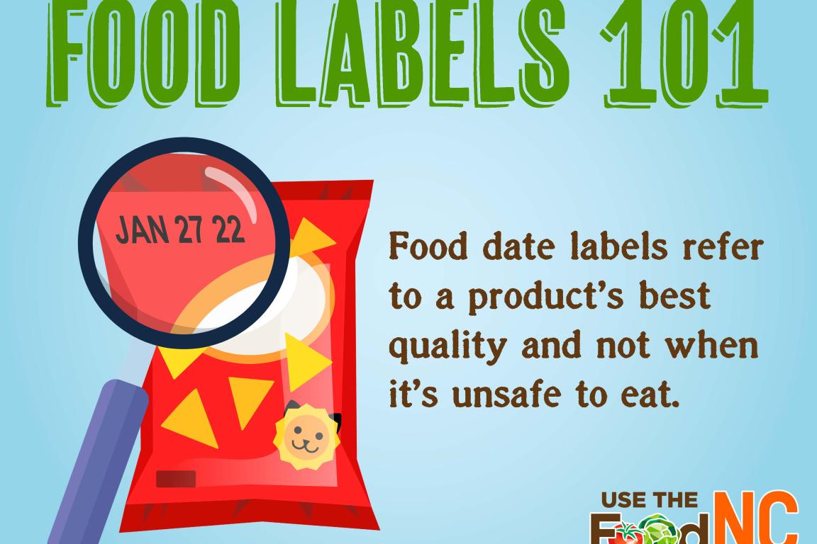 Bag of snacks with magnified date label and text explaining those refer to a product's quality and not safety.