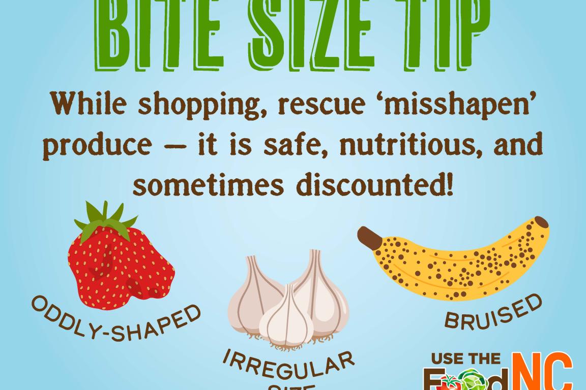 Abnormal produce with text encouraging the purchase of "misshapen" produce.