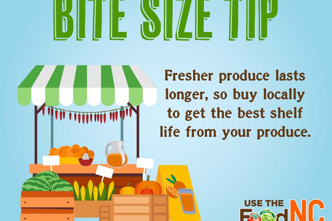 Produce market stand with text explaining that locally-purchased produce lasts longer.