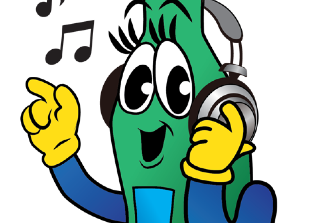 Cartoon recyclable bottle listening to music