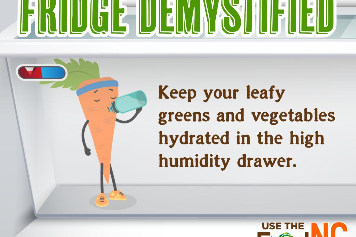 Cartoon of carrot in fridge drinking water. Keep vegetables in the high humidity drawer.