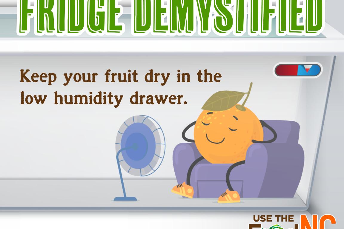 Cartoon of orange lounging in front of a fan. Keep fruit in the low humidity drawer.