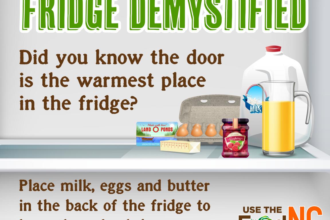 Cartoon of fridge interior. Keep dairy items in the back of the fridge, not in the door.