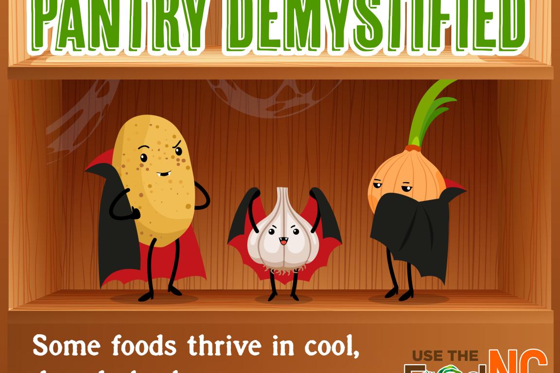 Cartoon of vampire potato, garlic, onion. Some foods thrive in cool, dry, dark places.