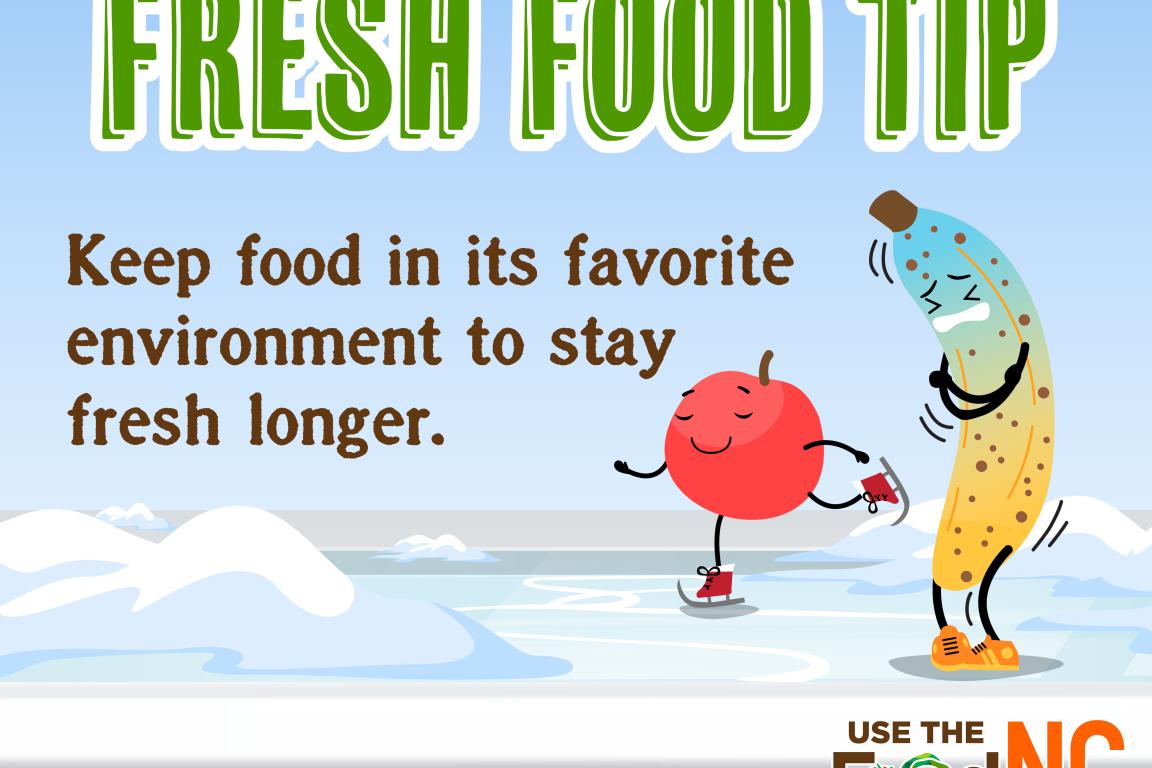 Cartoon of cold banana and ice skating apple. Foods stay fresher in different environments.
