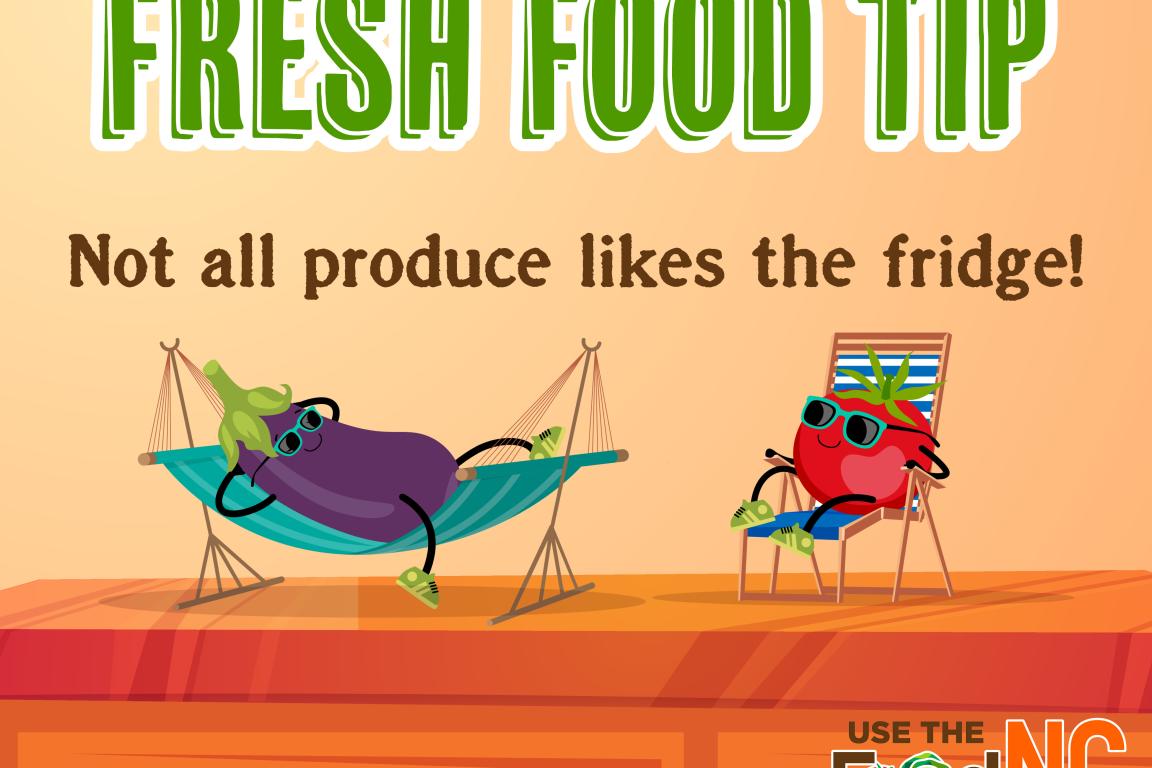 Cartoon of vegetables lounging on kitchen counter. Not all produce likes the fridge!