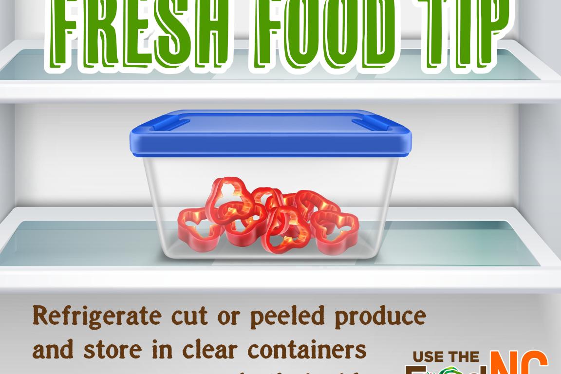 Cartoon of fridge with container of pepper slices. Keep cut produce in the fridge.