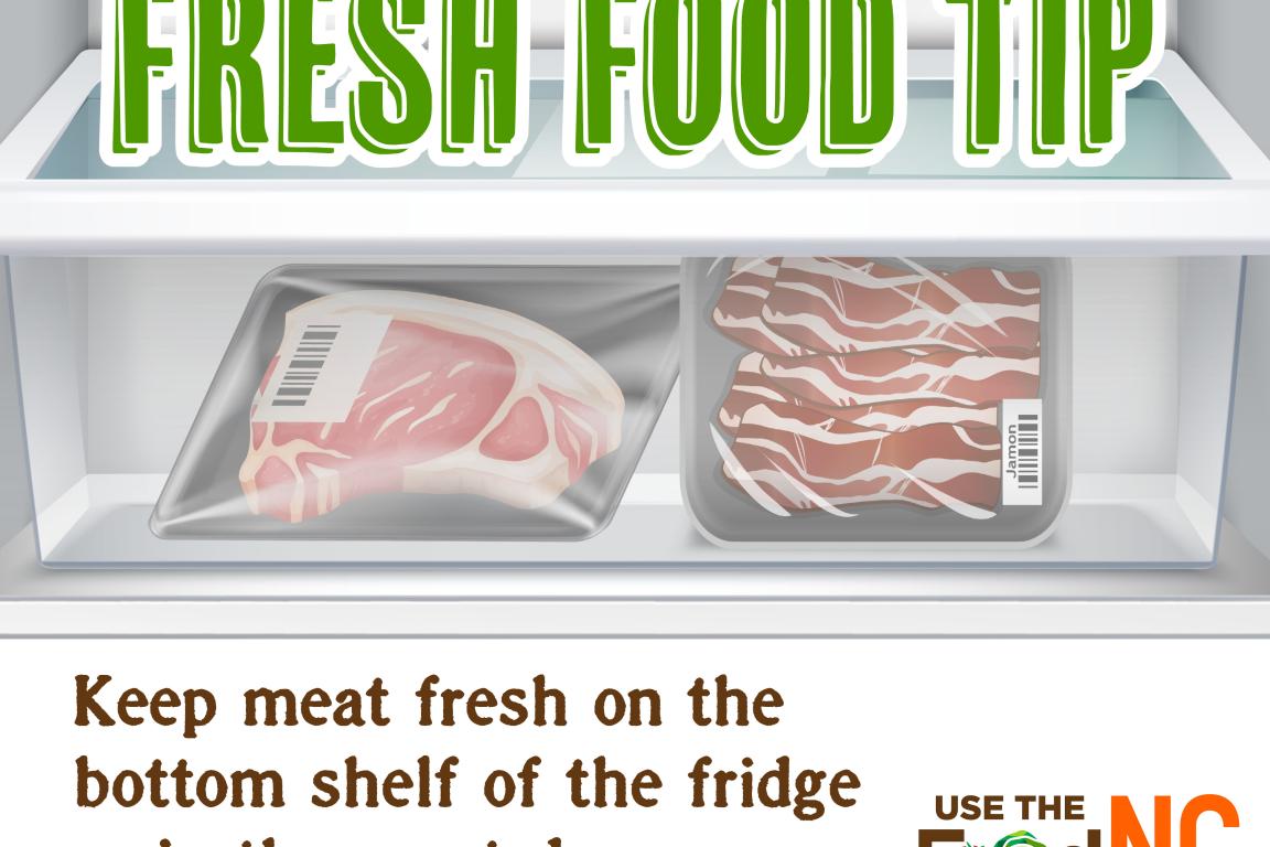 Cartoon of meat in fridge. Store meat on the bottom shelf of the fridge.