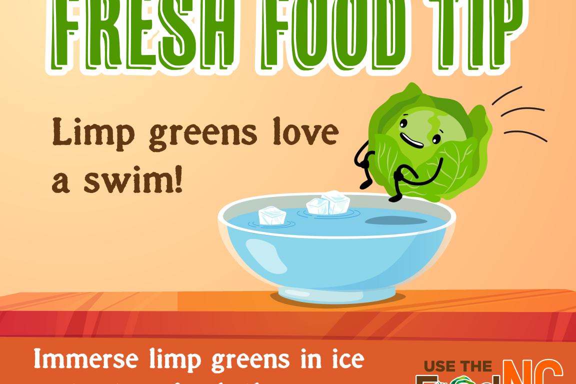 Cartoon of lettuce jumping into ice water. Limp greens love a swim!