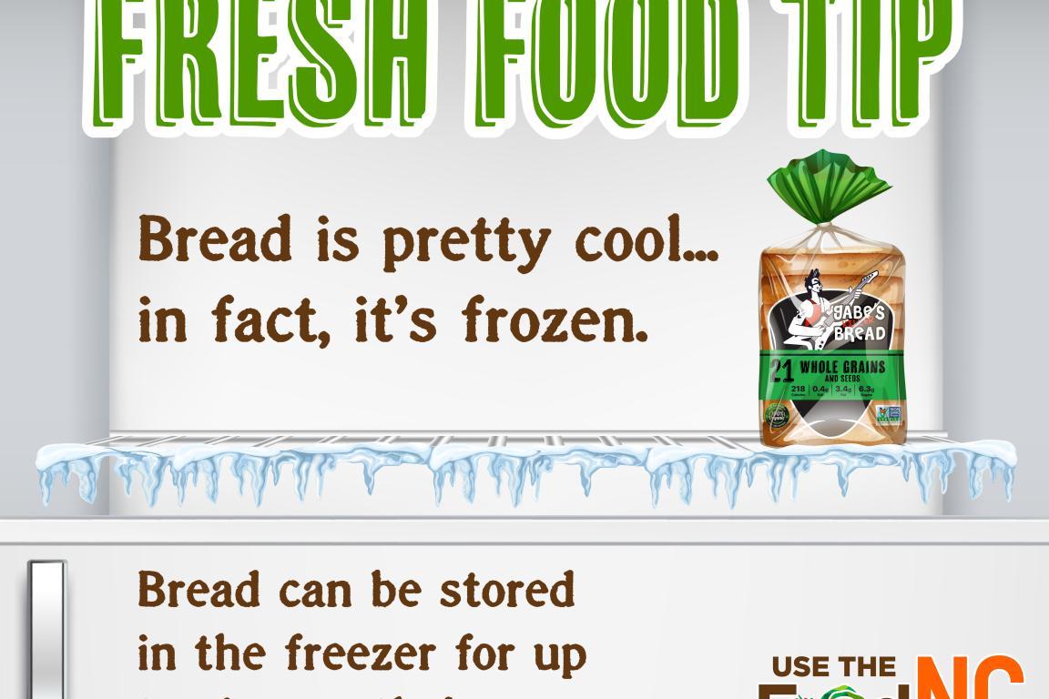 Cartoon of bread in freezer. Freeze bread to keep it fresh longer!