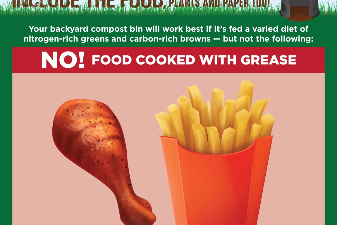 Composting at Home social media graphic instructing that food cooked with grease should not go in the bin.