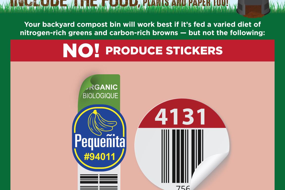 Composting at Home social media graphic instructing that produce stickers should not go in the bin.