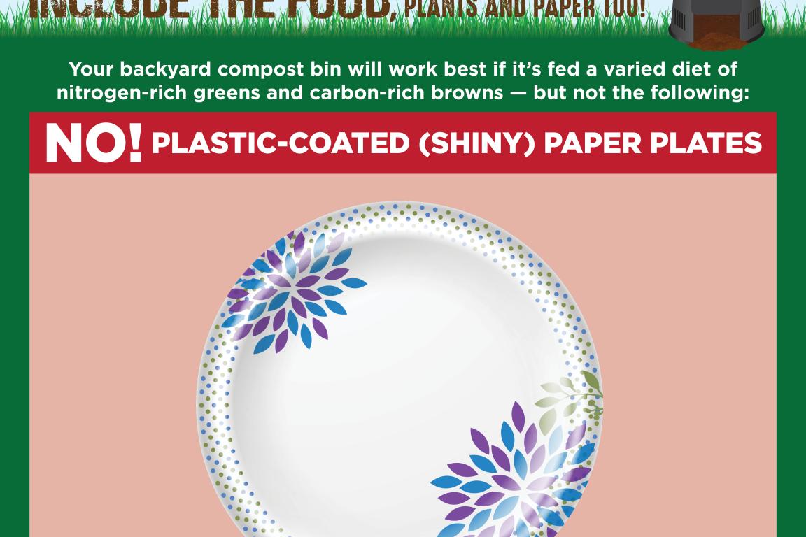 Composting at Home social media graphic instructing that plastic-coated or shiny paper plates should not go in the bin.