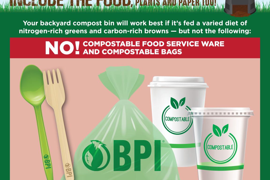 Composting at Home social media graphic instructing that compostable food service ware and compostable bags should not go in the bin.
