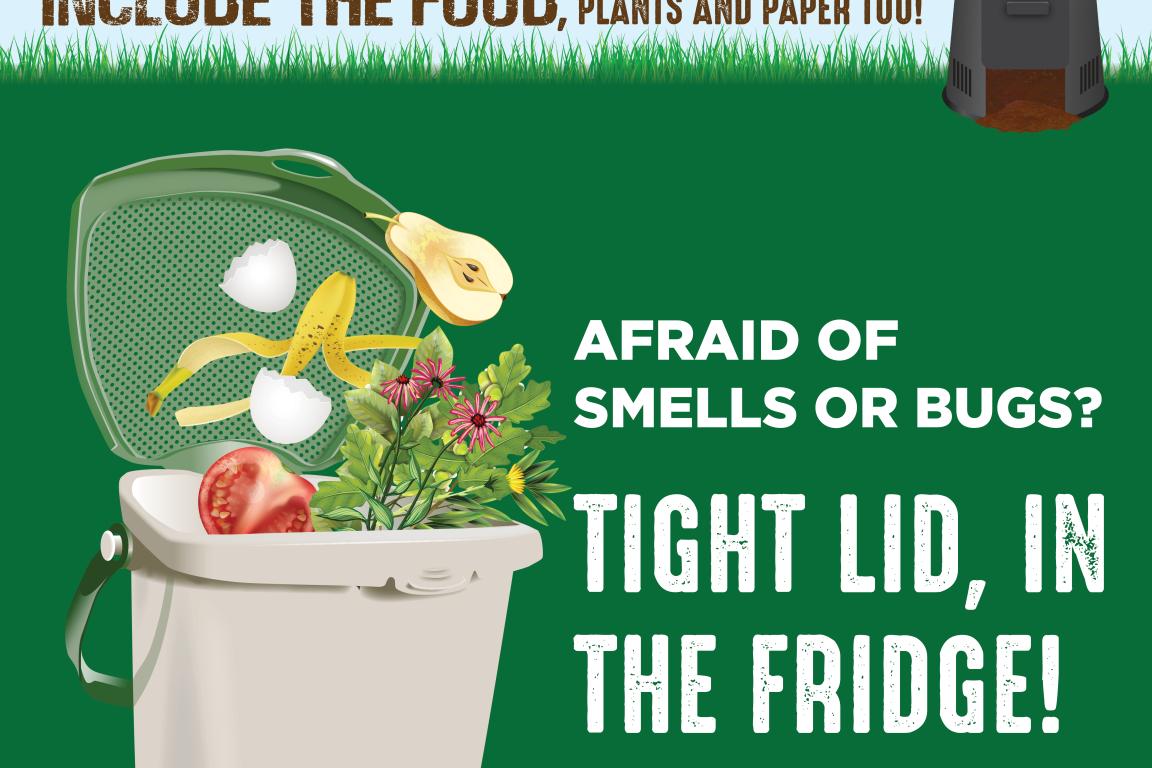 Composting at Home social media graphic instructing to store food scraps in a bin with a tight lid in the fridge, if afraid of bugs or smells.