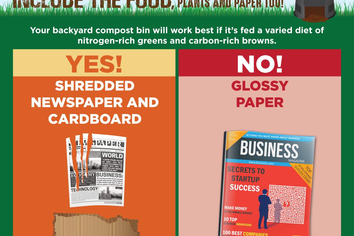 Composting at Home social media graphic instructing that shredded newspaper and cardboard should go in the bin, but glossy paper should not.