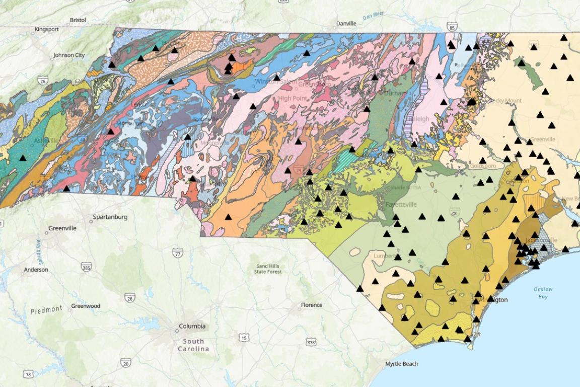 Geologic map of North Carolina with groundwater monitoring wells.