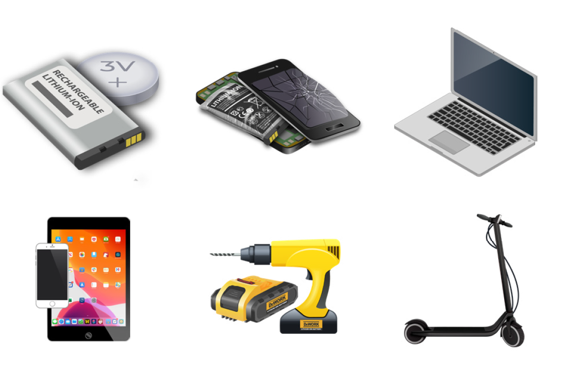 Images of household items containing lithium-ion batteries, including cell phone, laptop, tablet, power tool, and e-scooter.