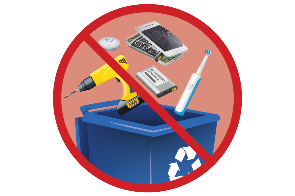 Red circle with diagonal slash through the middle laying over electronic items falling into a recycling cart. 