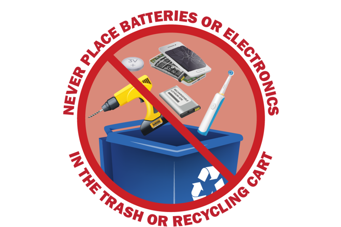 red slash over recycling cart with cell phone, electronic toothbrush, power drill, and batteries above