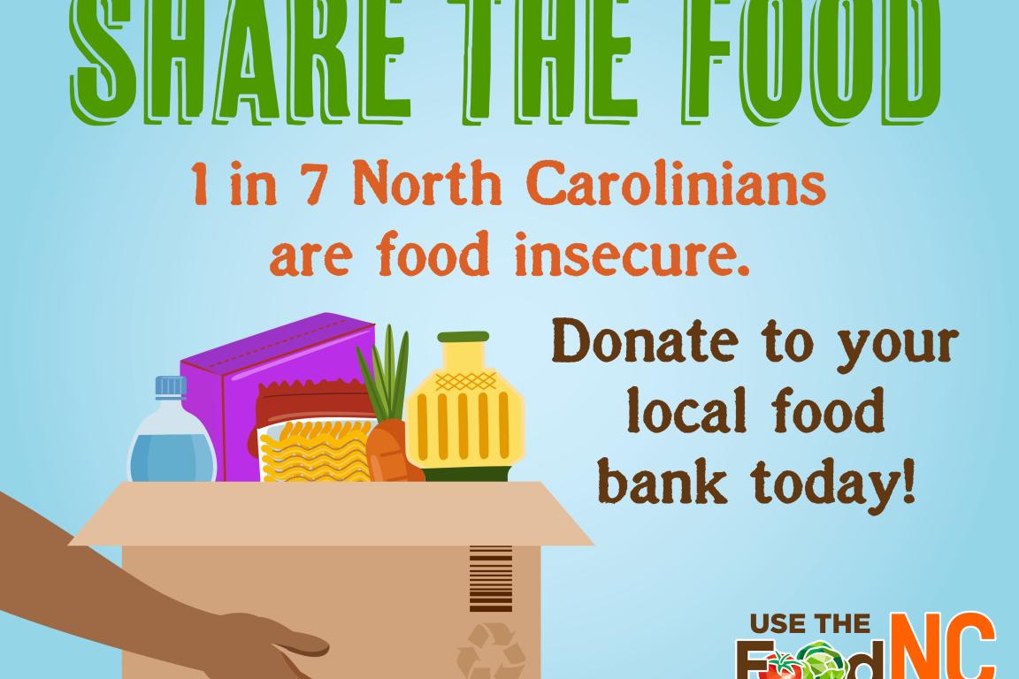 Arms holding a box of food to be donated. Image says Share the Food: one in seven North Carolinians are food insecure.