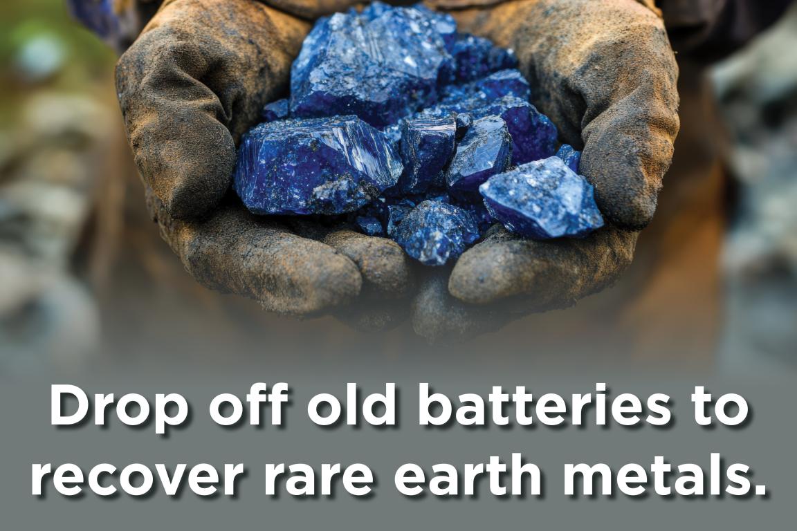 Image of gloved hands holding ore and text Drop off batteries to recover rare earth metals.