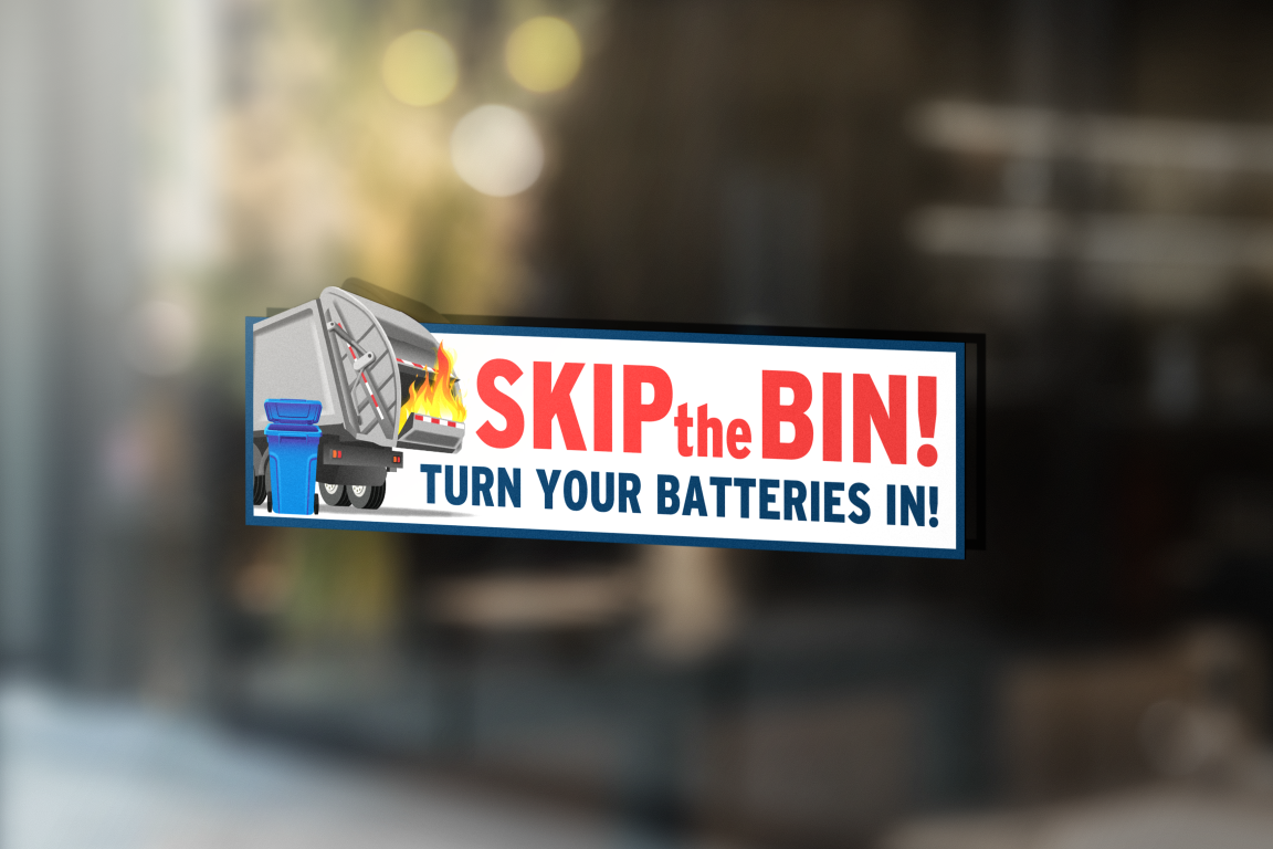 Mockup of sticker on a window stating "Skip the Bin! Turn Your Batteries In!"