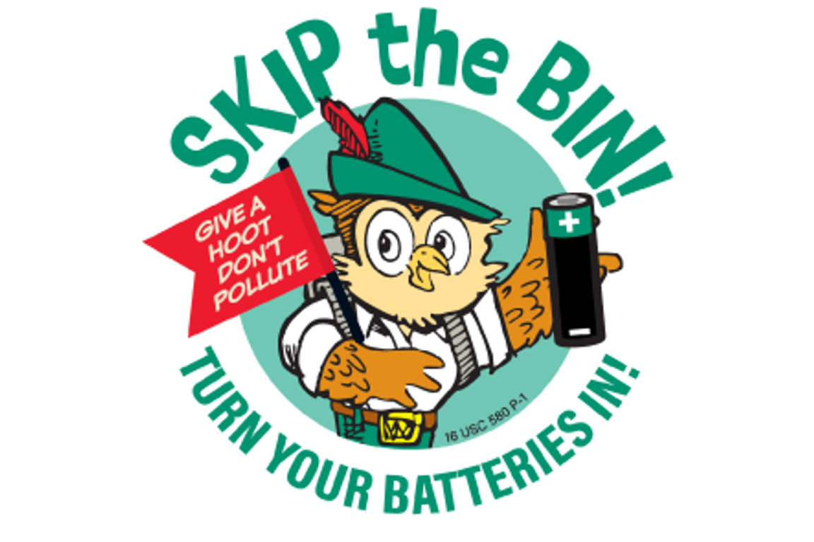 Woodsy owl says Skip the Bin! Turn Your Batteries In!
