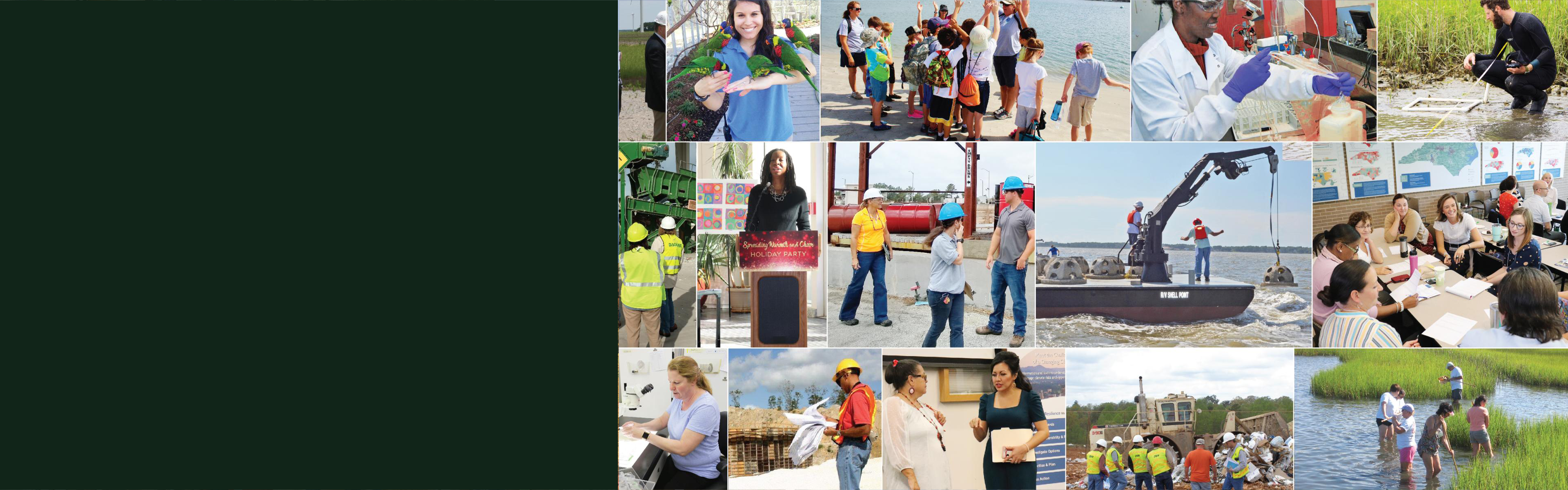 Image collage: DEQ employees working in a variety of environments, including classrooms, ocean vessels, labs, streams and industrial facilities.
